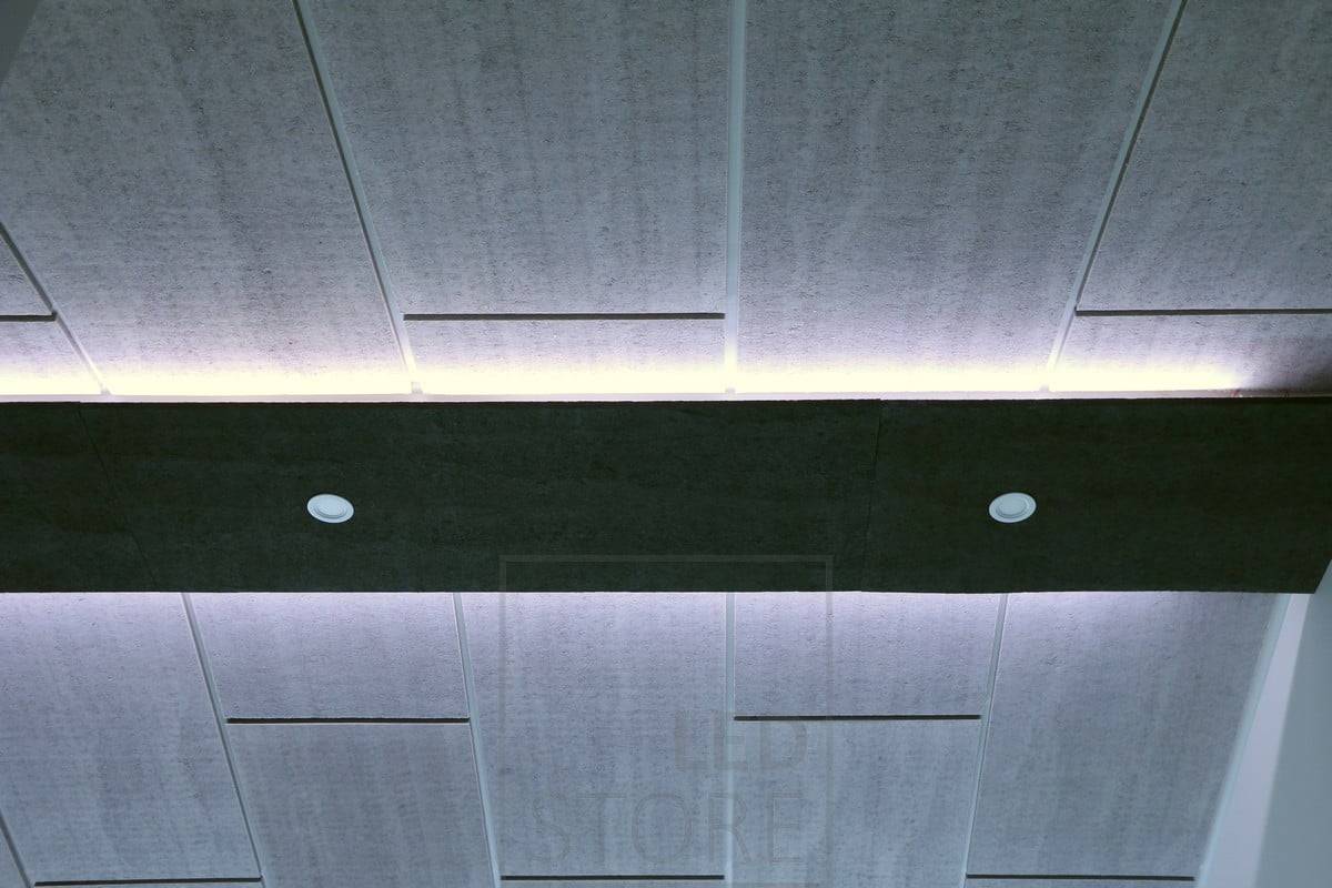 Luz indirecta en el techo en dos direcciones. Iluminación suplementaria con focos.